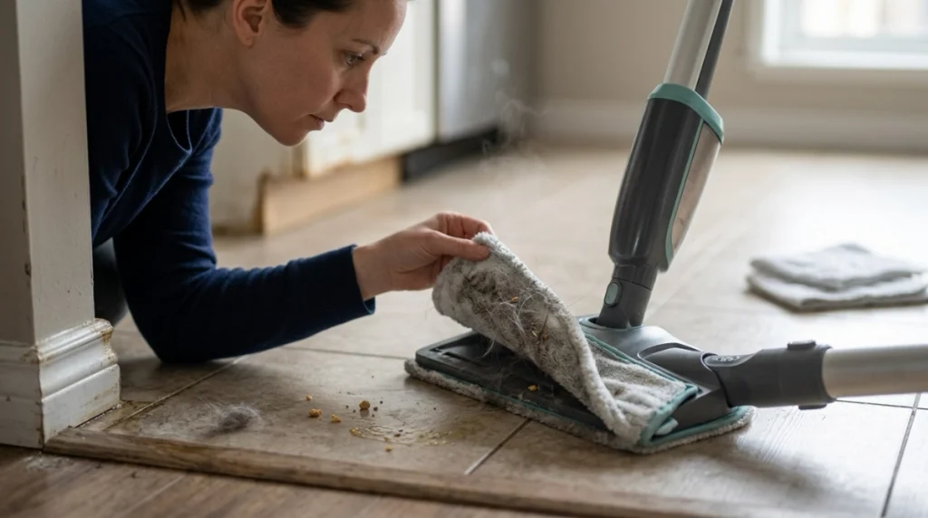 Homeowner checks a dirty steam mop pad after the floor smells worse during cleaning.