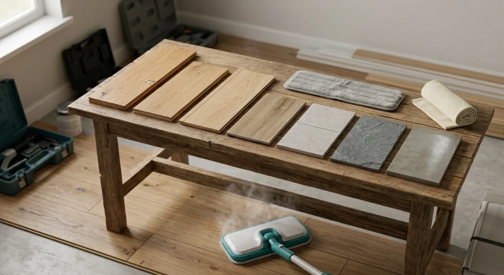 Seven flooring types beside a steam mop showing how steam damage risk varies by surface