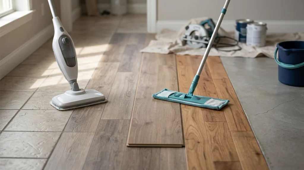 Tile, LVP, laminate, hardwood and concrete shown beside steam and microfiber mops for moisture comparison