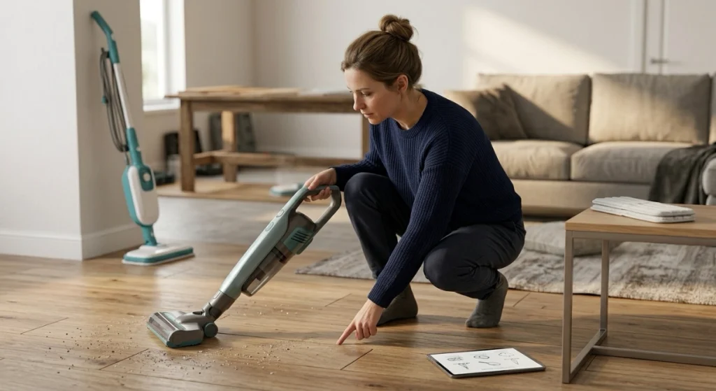 Homeowner preparing floor safely before steam mopping to prevent heat and moisture damage