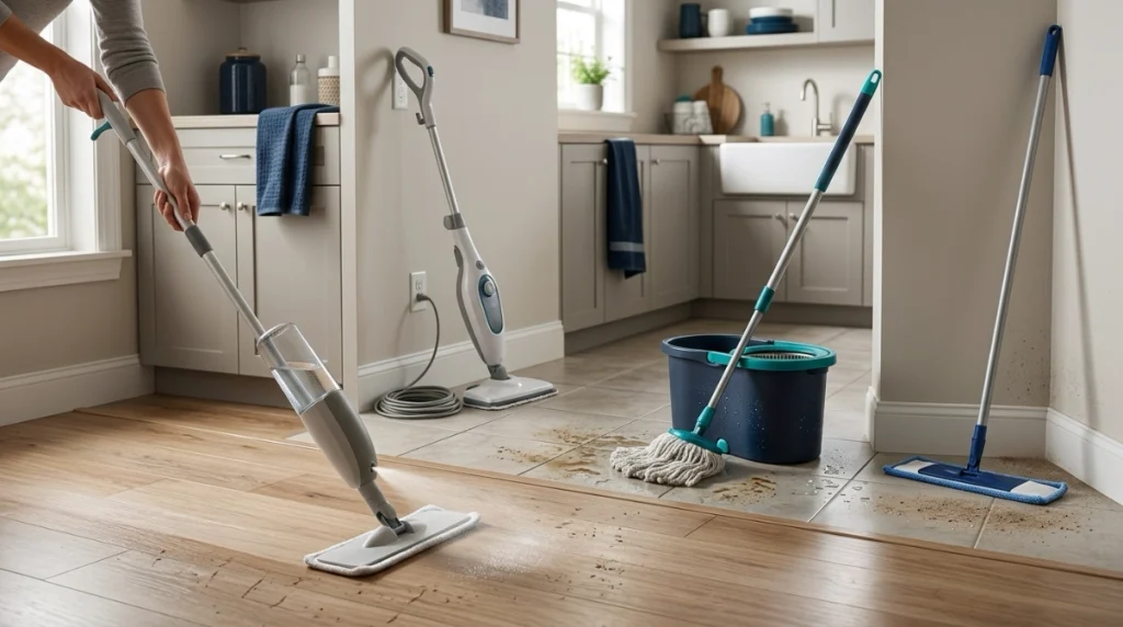 Spray mop, steam mop, spin mop and flat microfiber mop shown in a real home cleaning setting