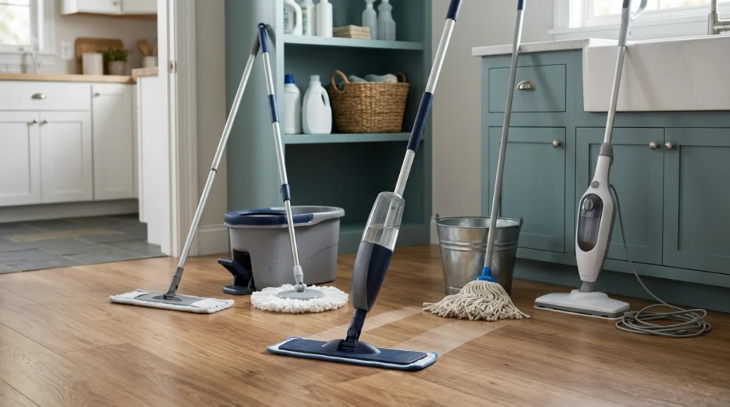 Spray, microfiber, spin, string, and steam mops arranged for a realistic household cleaning comparison.