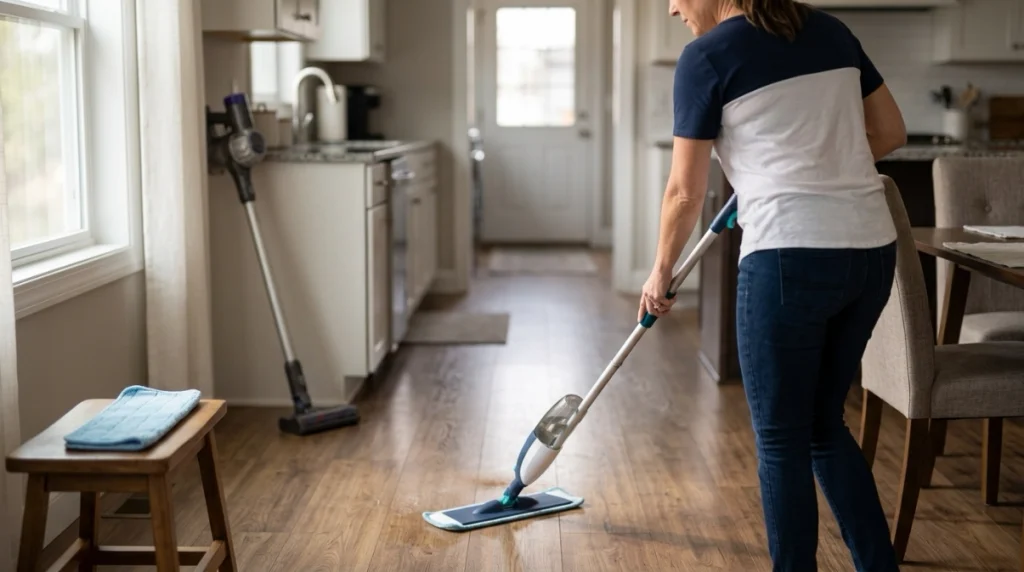 Person using a spray mop with light mist and overlapping passes on a hard floor.