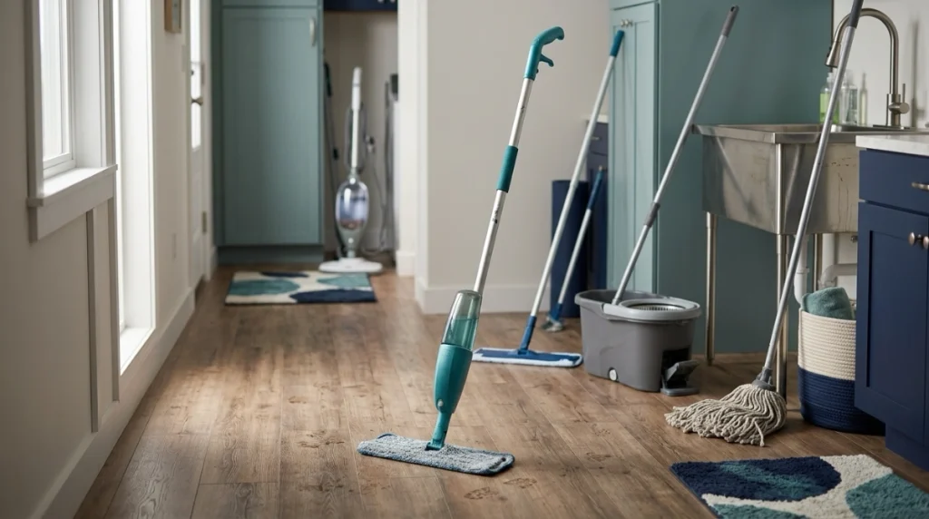 Spray mop beside flat microfiber, spin, string, and steam mops for visual comparison