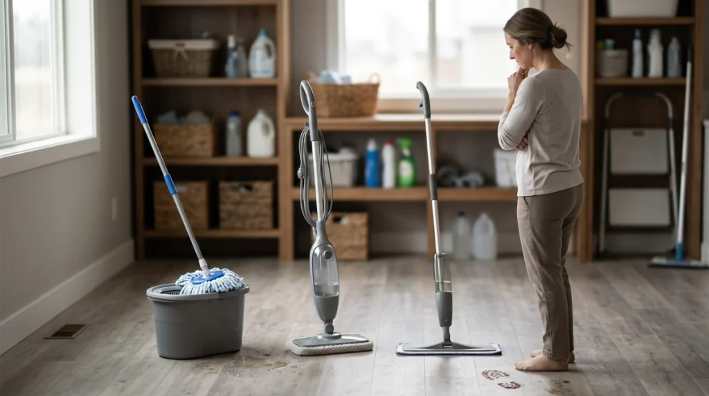 Spray mop, steam mop, and spin mop arranged together for a practical cleaning comparison.
