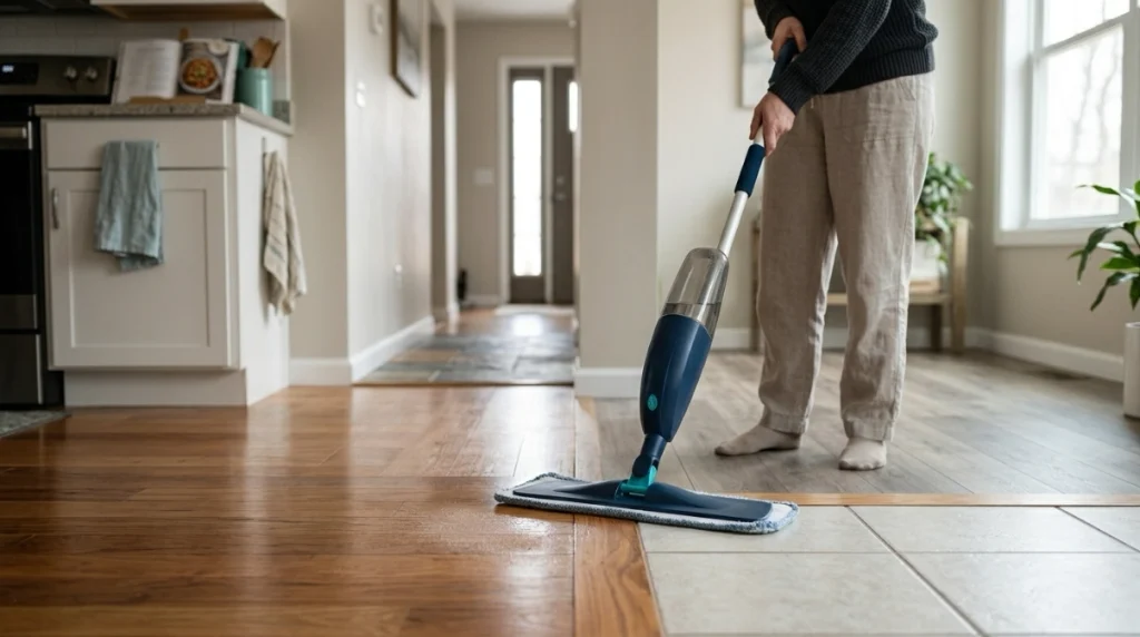 Microfiber spray mop cleaning hardwood beside tile, laminate, vinyl and natural stone flooring.
