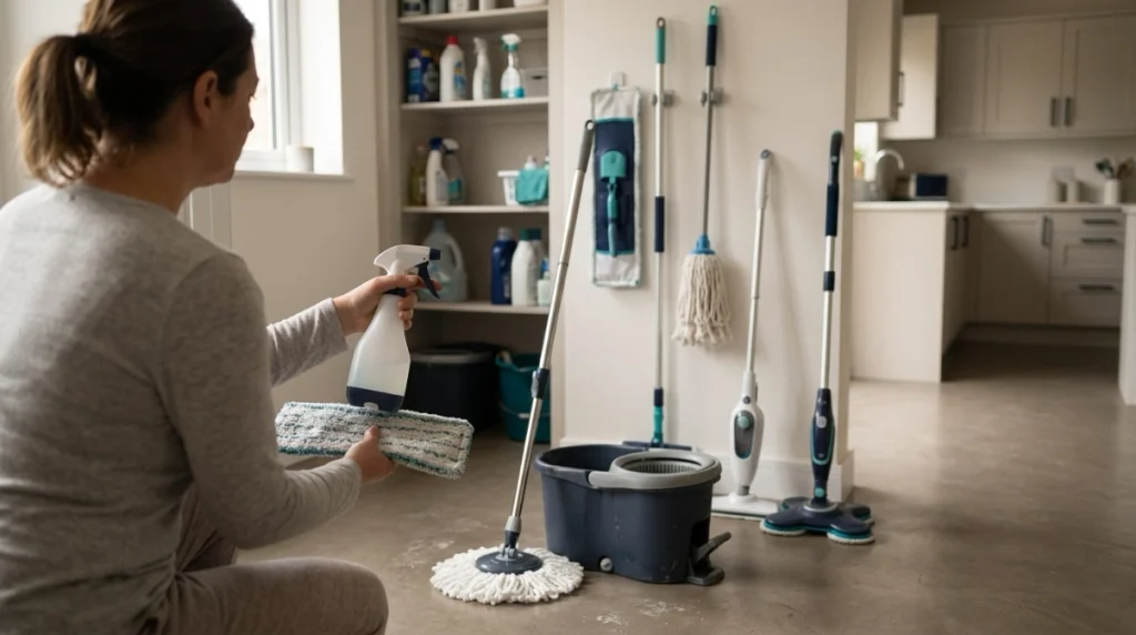 Homeowner compares spray, spin, steam, string, flat microfiber, and electric mops before cleaning.