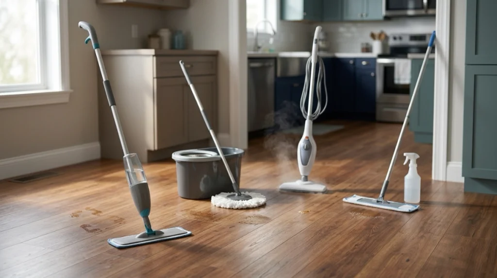 Spray mop, spin mop, steam mop, and microfiber flat mop arranged for floor cleaning comparison