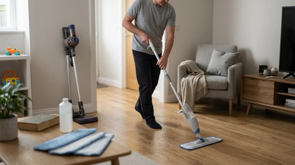 Person using a spray mop with microfiber pad on a clean hard floor