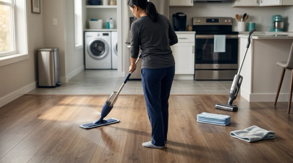 Person using a spray mop with light mist and overlapping passes to prevent floor streaks