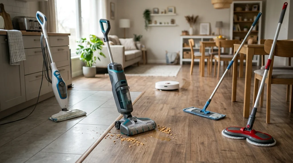 Five alternatives to a mop including steam, microfiber, floor washer, spin, and robot systems