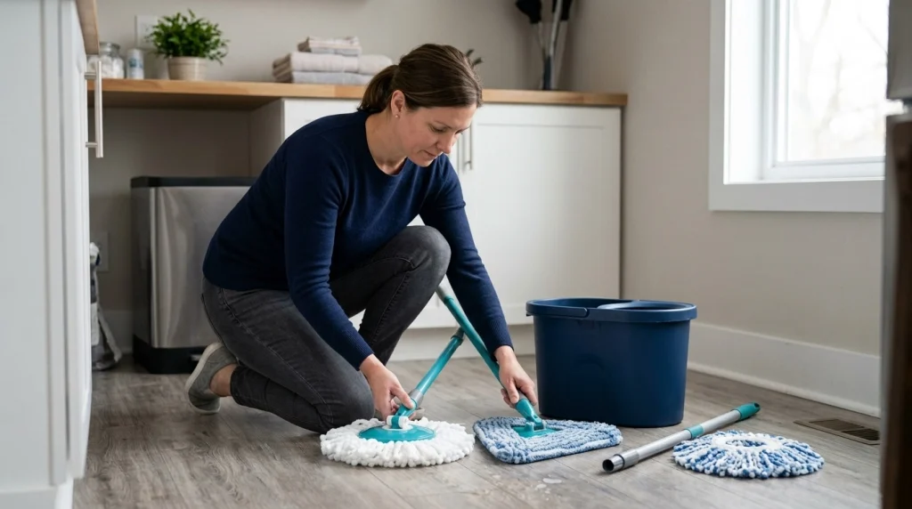 Homeowner comparing circular and triangular spin mop heads, wringers, and replacement parts