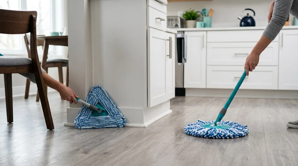 Circular and triangular spin mop heads compared on open flooring and cabinet corners