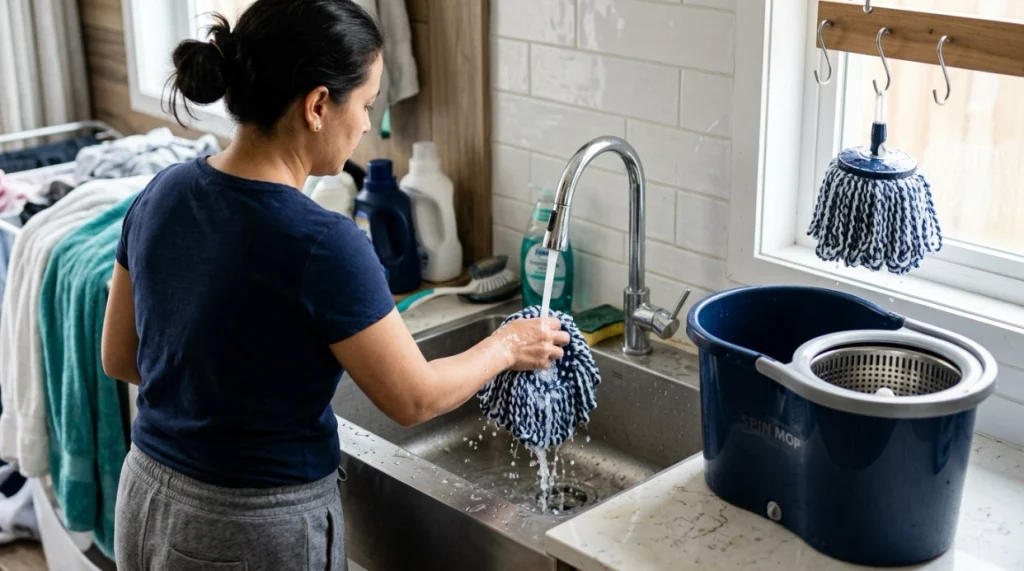 Person rinsing and air-drying a foot pedal spin mop head beside a clean bucket
