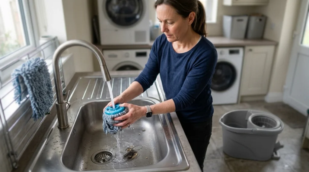Person rinsing microfiber spin mop head while bucket drains and another mop head air-dries