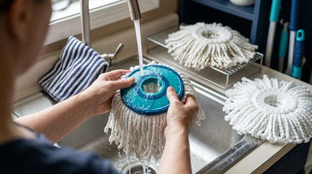 Used spin mop head being rinsed while a clean replacement head and drying rack sit nearby