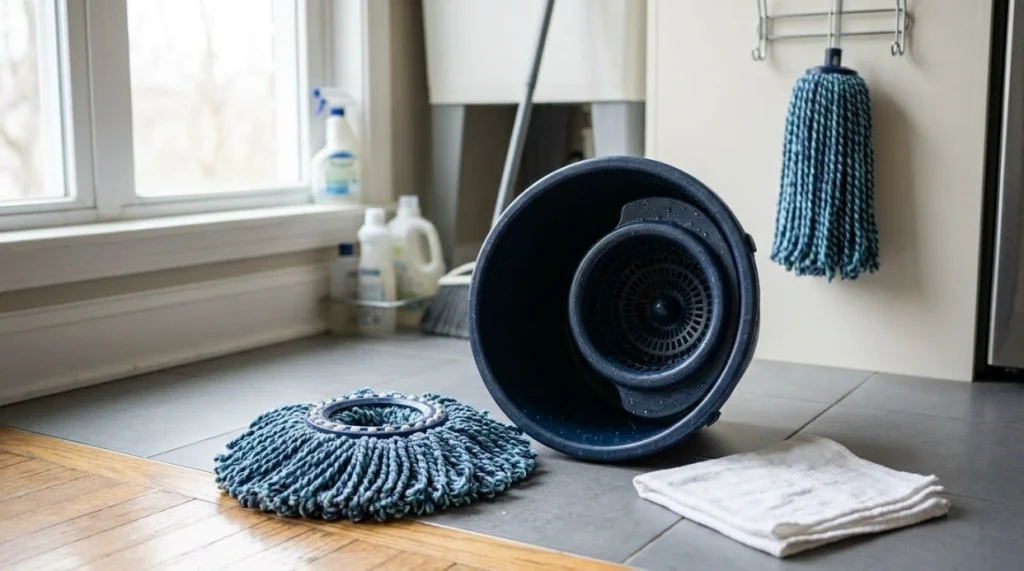 Clean microfiber spin mop head air-drying beside a rinsed bucket and clean spin wringer.