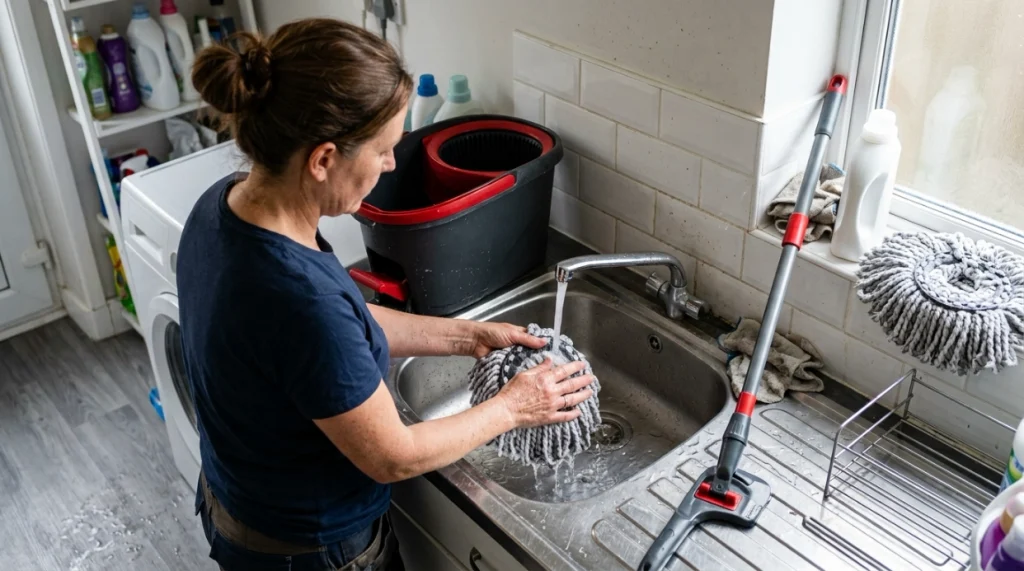 Person rinsing a spin mop head and bucket while inspecting the wringer and handle mechanism