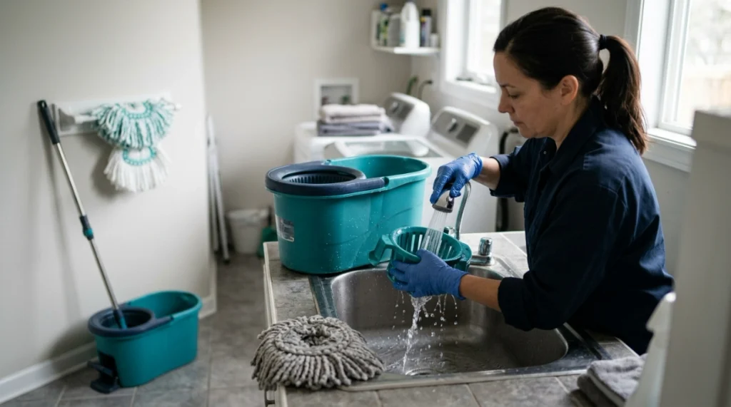 Cleaning and maintaining a spin mop by rinsing the wringer, washing microfiber, and drying the bucket