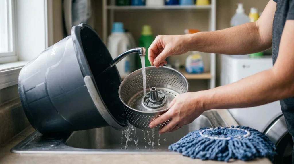 Person rinsing a spin mop wringer and air-drying the microfiber mop head after cleaning
