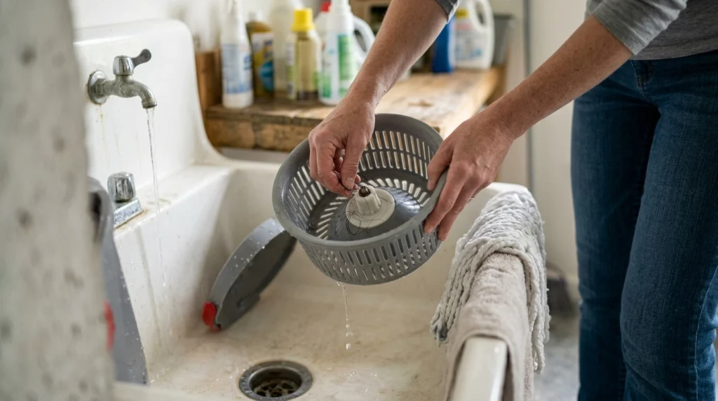 Person rinsing a spin mop wringer basket and drying the microfiber mop head after cleaning