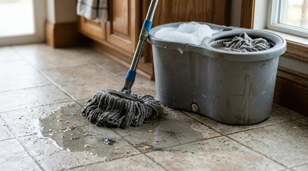 Wet floor, excess cleaner and dirty microfiber showing common dual bucket spin mop mistakes