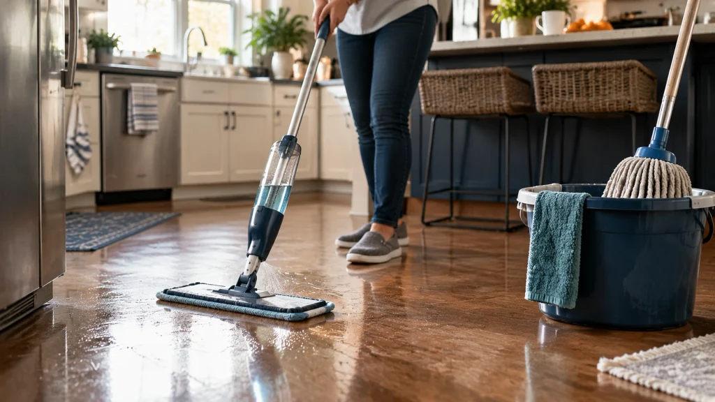 Spray mop with reservoir beside a regular bucket mop in a kitchen