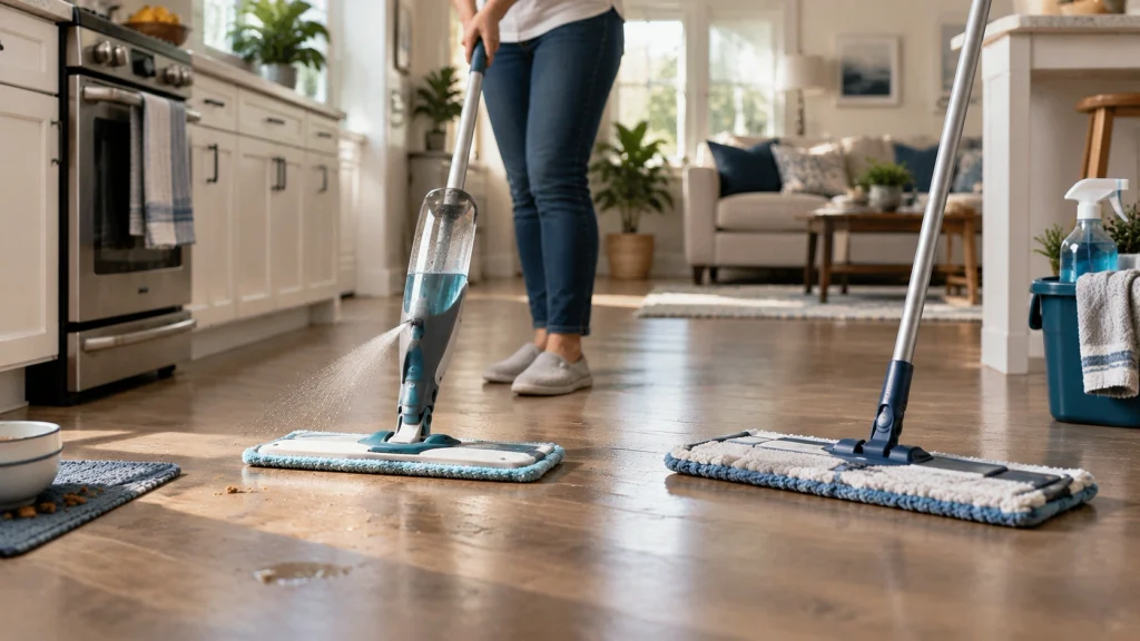 Spray mop and flat mop used for everyday floor cleaning