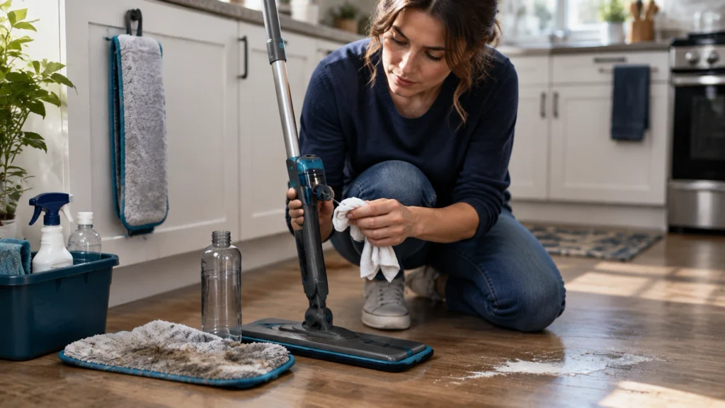 Cleaner inspecting a spray mop pad, bottle, and nozzle to avoid maintenance mistakes