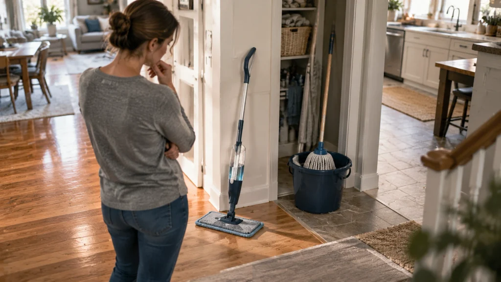 Homeowner choosing between spray mop and regular mop for mixed flooring
