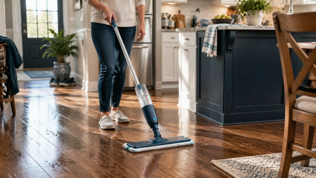 Person using a spray mop for quick everyday hardwood floor cleaning
