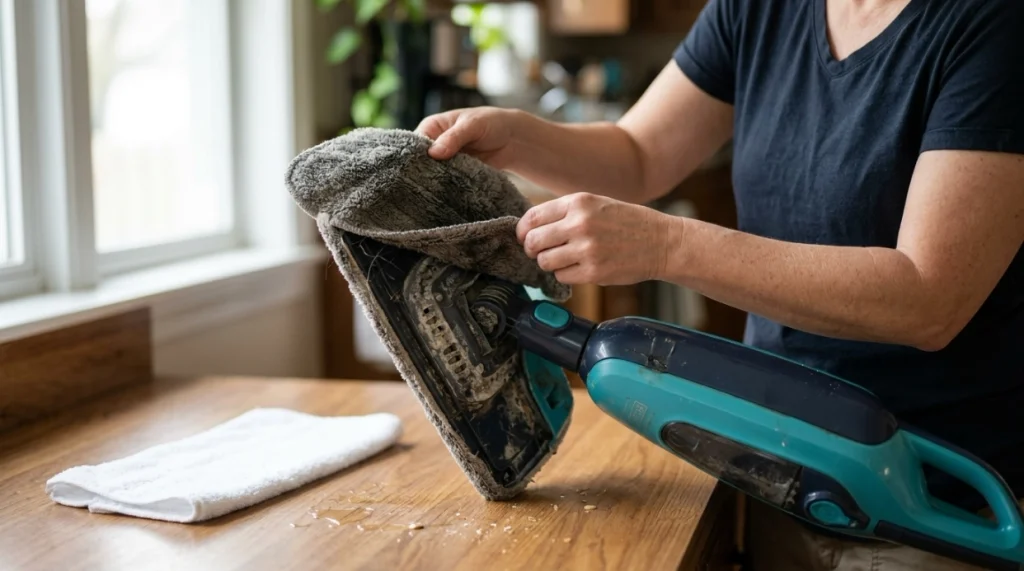 Dirty steam mop pad, mineral buildup, water tank, and mop head being inspected
