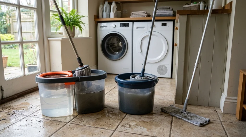 Dual bucket, single bucket spin mop and flat microfiber mop compared in a home utility room