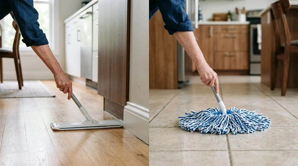 Flat and round spin mops compared on smooth flooring and textured ceramic tile