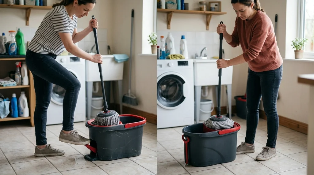 Person comparing foot pedal and handle-operated spin mop wringing methods