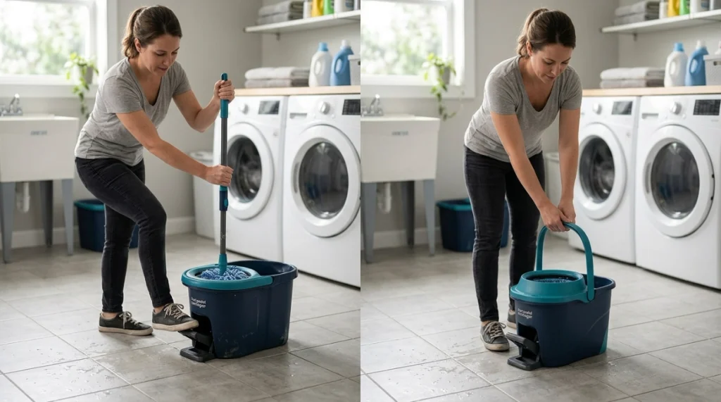 Foot-pedal and handle-pump types of spin mops shown side by side during wringing