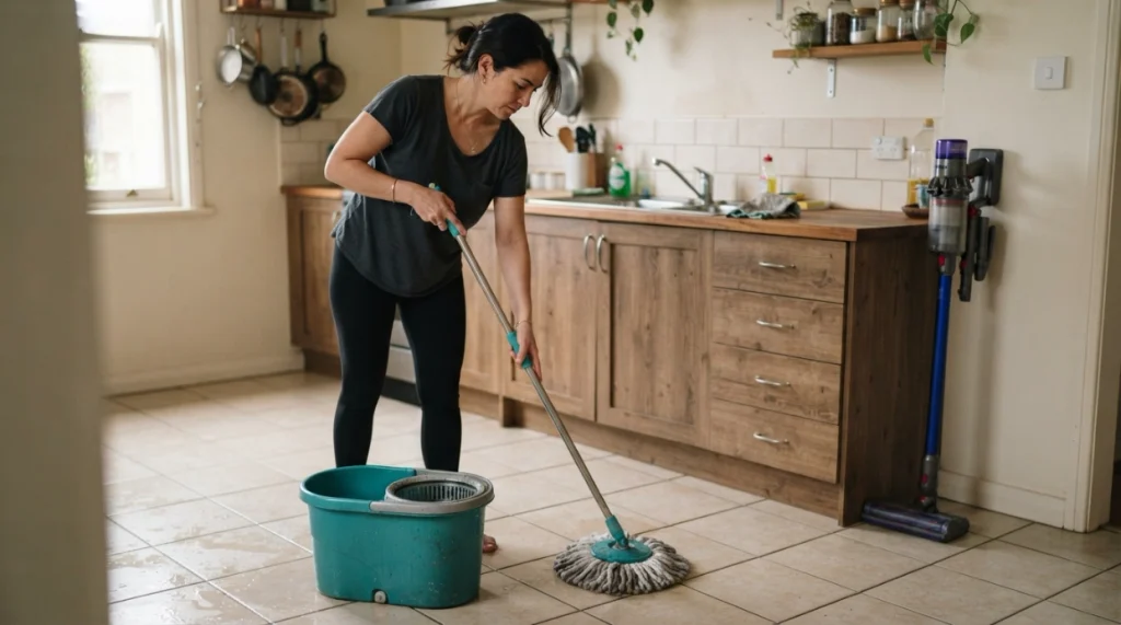 Person wetting and wringing a microfiber spin mop before cleaning a tiled kitchen floor