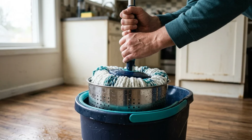 Rotary mop head spinning inside a bucket wringer to remove excess water before floor cleaning