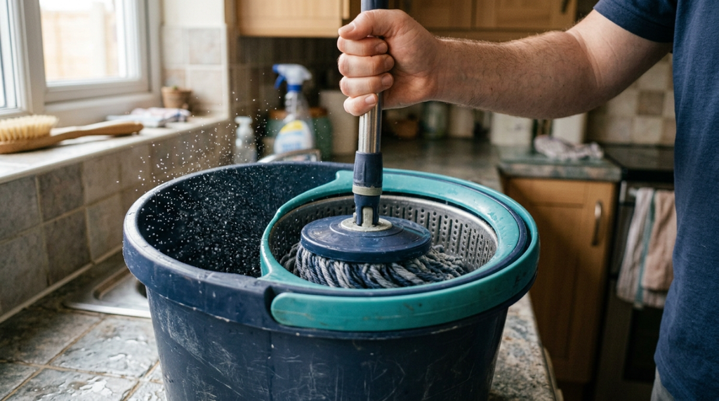 Spin mop bucket spinning a wet microfiber mop head to remove excess water