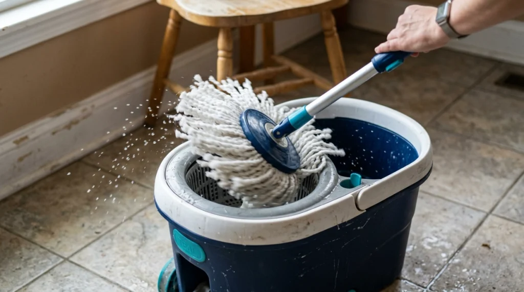 Spin mop head rotating inside a bucket wringer to remove excess water from microfiber strands