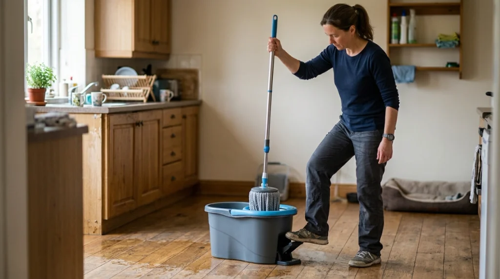 Spin mop system working as foot pedal spins wet microfiber mop inside bucket wringer