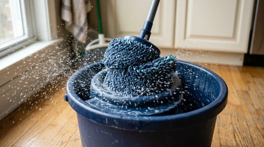Microfiber mop head spinning inside bucket wringer to remove excess water before mopping.