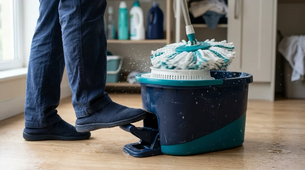 Foot pedal spin mop wringer spinning a microfiber mop head to remove excess water