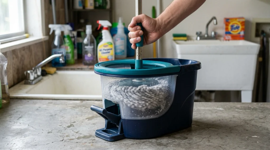 Handle operated spin mop spinning inside a wringer as downward handle pressure removes water