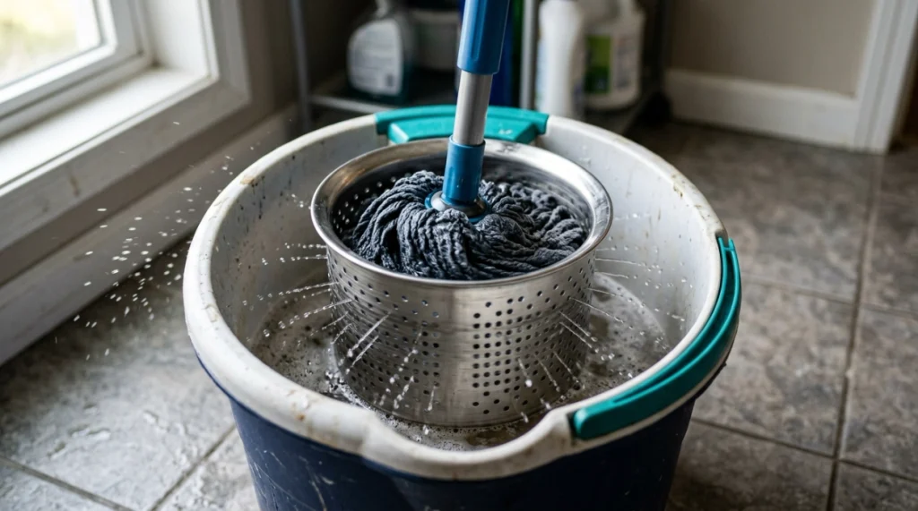 Wet microfiber mop spinning inside a perforated wringer basket as excess water moves outward.