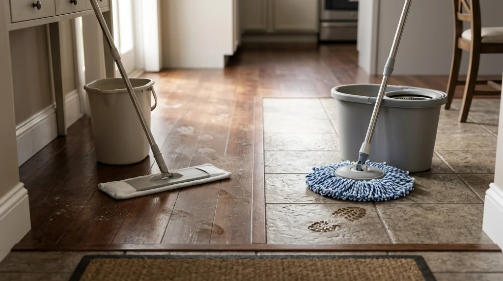 Flat and round spin mops beside light everyday dirt and heavier muddy tile messes