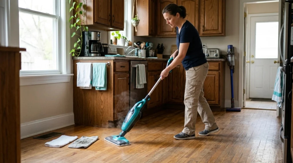 Home cleaner steam mopping a vacuumed floor with clean microfiber pads and overlapping passes