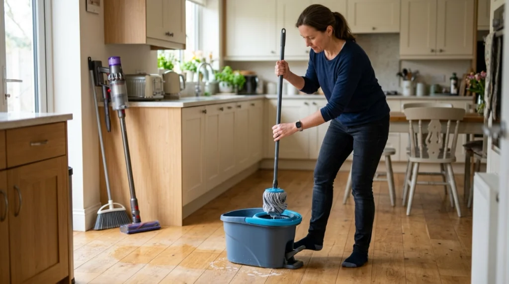 Person using a spin mop correctly with wringer bucket, damp microfiber head, and drying hard floor