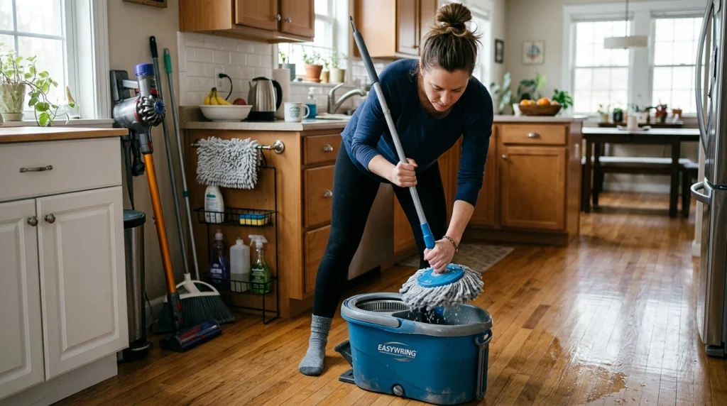 Person using a spin mop correctly with bucket, microfiber head, and clean floor