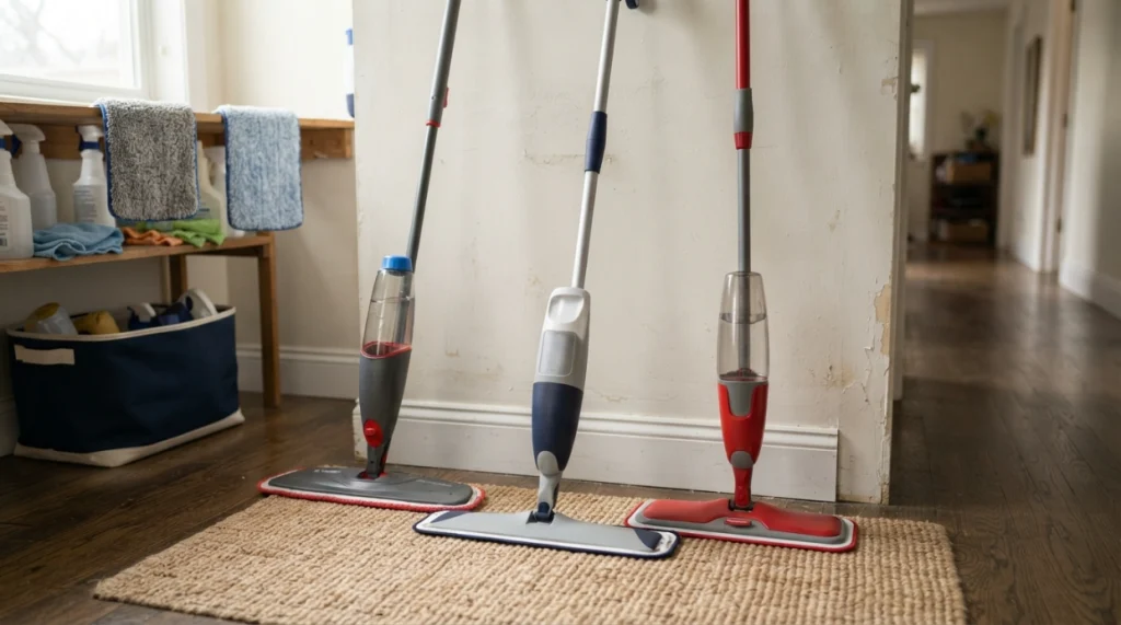 Three microfiber spray mop designs compared for pads, bottles, and household floor cleaning